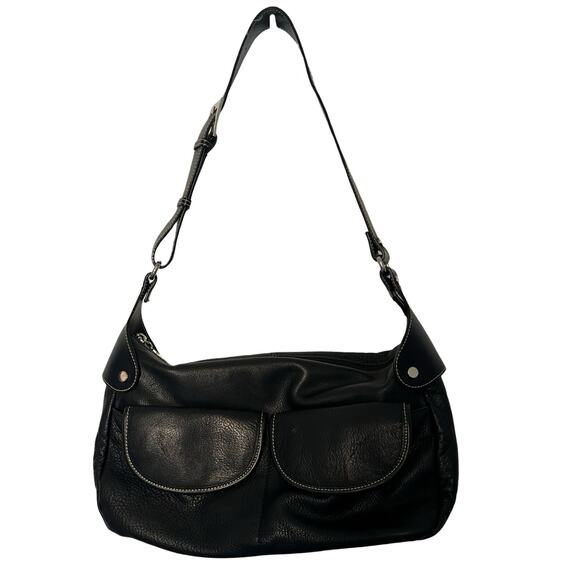 MAXX New York Purse Black Leather Shoulder Bag Pockets Zip Close Storage Silver - Picture 1 of 16